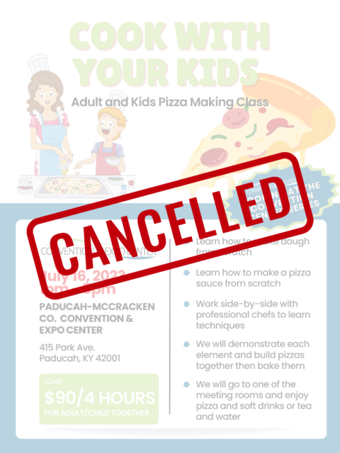 A graphic with information for the Paducah Convention Center Cooking at the Convention Center Series Cooking Classes in Summer 2023 for a class focused on cooking classes with your kids in Paducah making pizza.